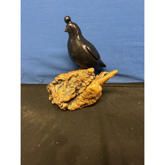 Hand-Carved Black Quail Figurine On Natural Wood Base Rustic Decor - Picture 1 of 5